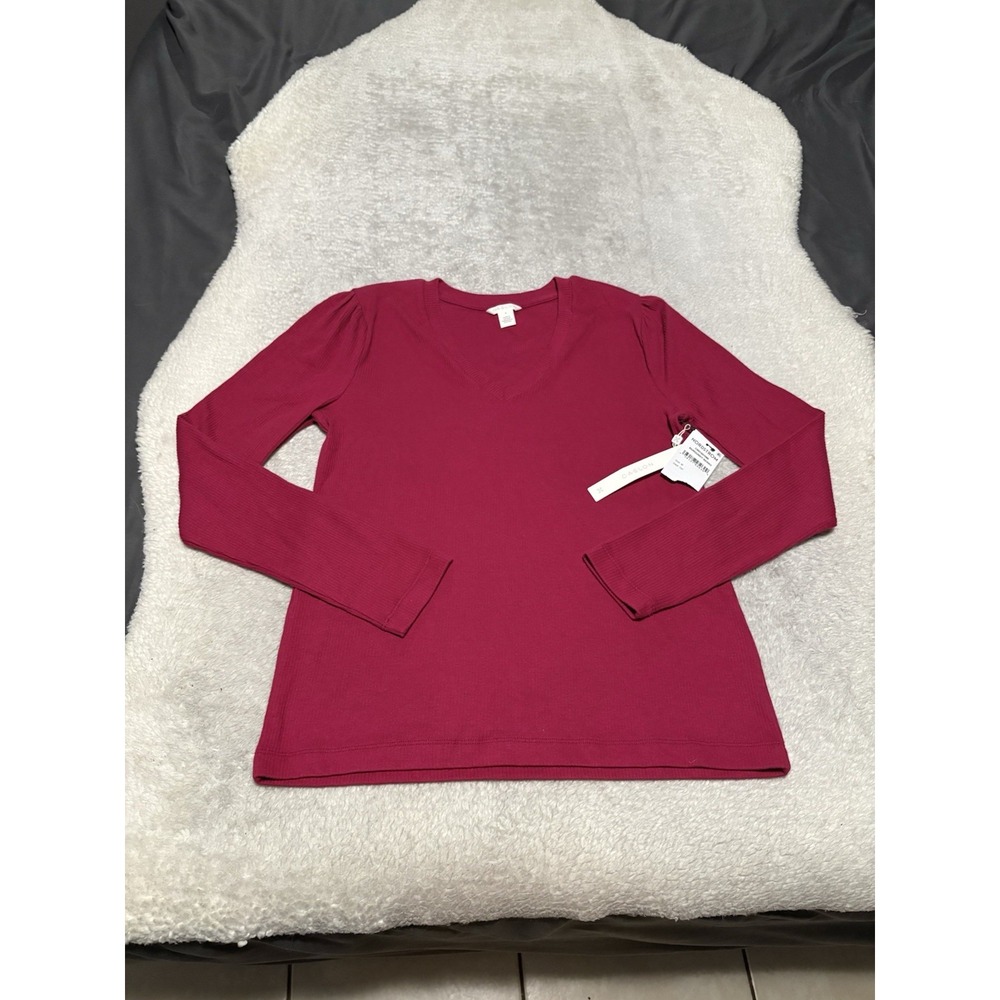 NWT Caslon Nordstrom Women Medium Ribbed V-Neck Puff Sleeve Long Sleeve Top Pink